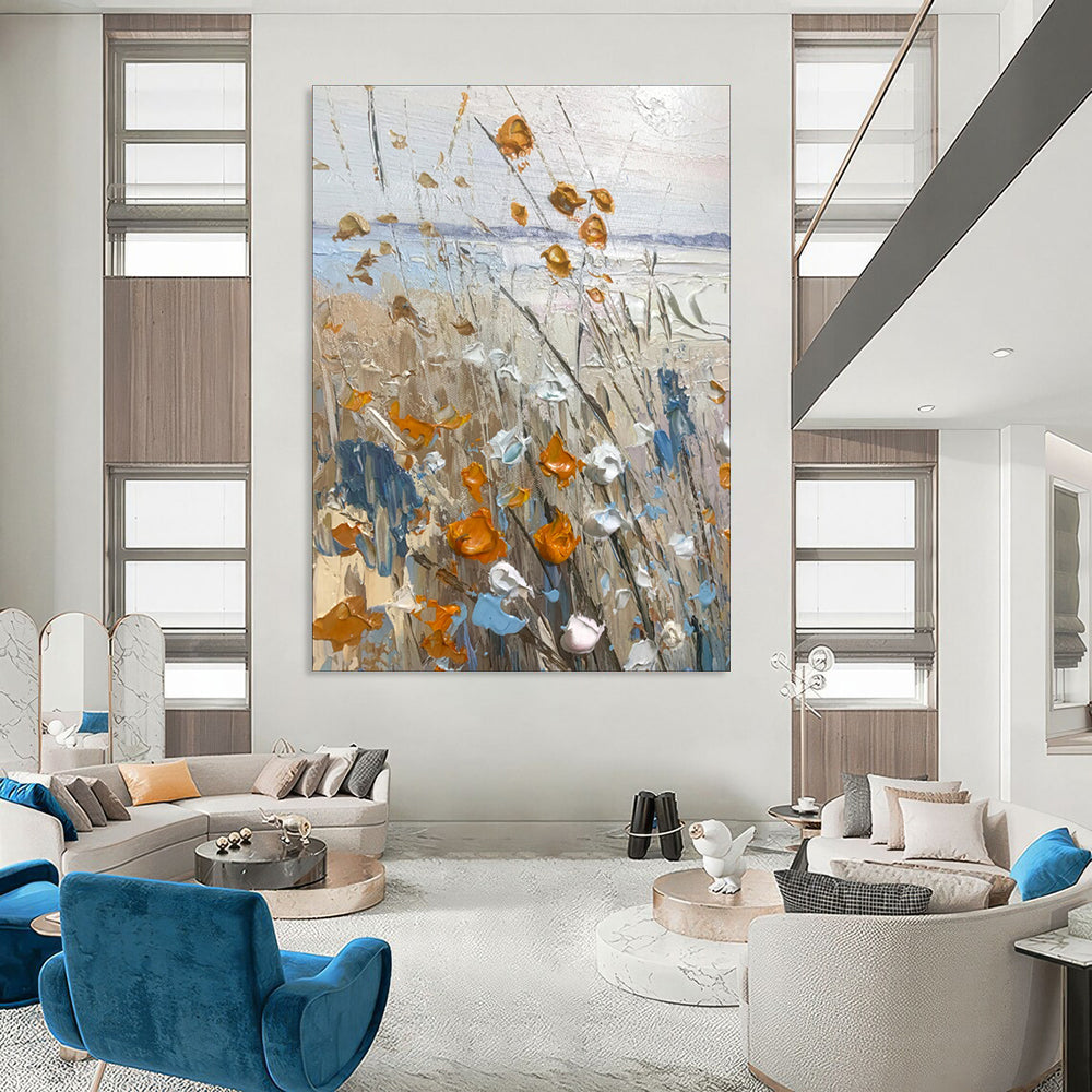 “Textured Wildflowers in Orange, Blue, and White” - Impasto Landscape Painting On Canvas PT1839