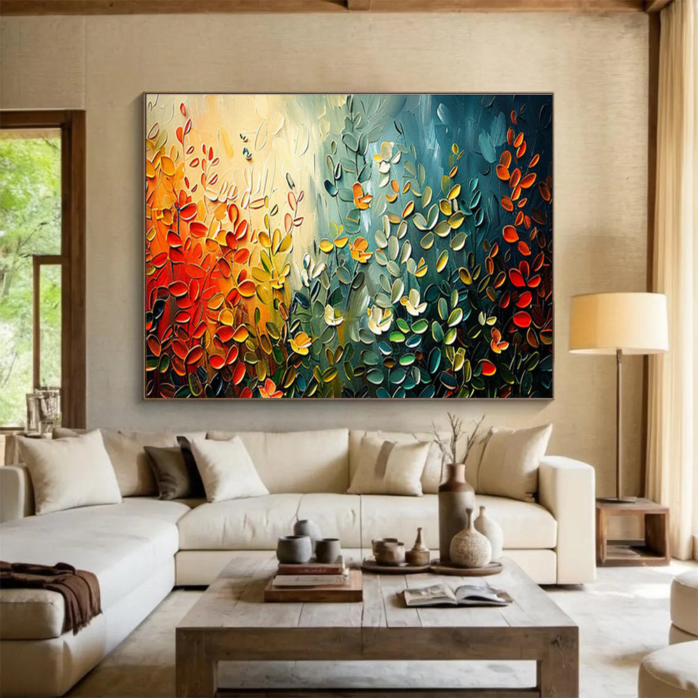 “Colorful Leaf Symphony” - Vibrant Green, Yellow & Red Textured Leaf, Impasto Nature Painting On Canvas DKS711