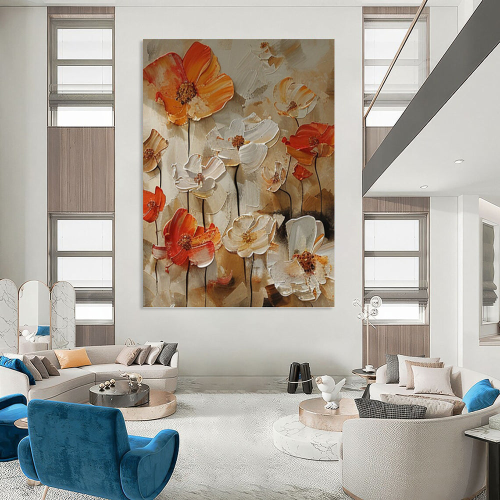 “Orange - White Floral Impasto” - Impressionist - Inspired Floral Painting On Canvas PT1399