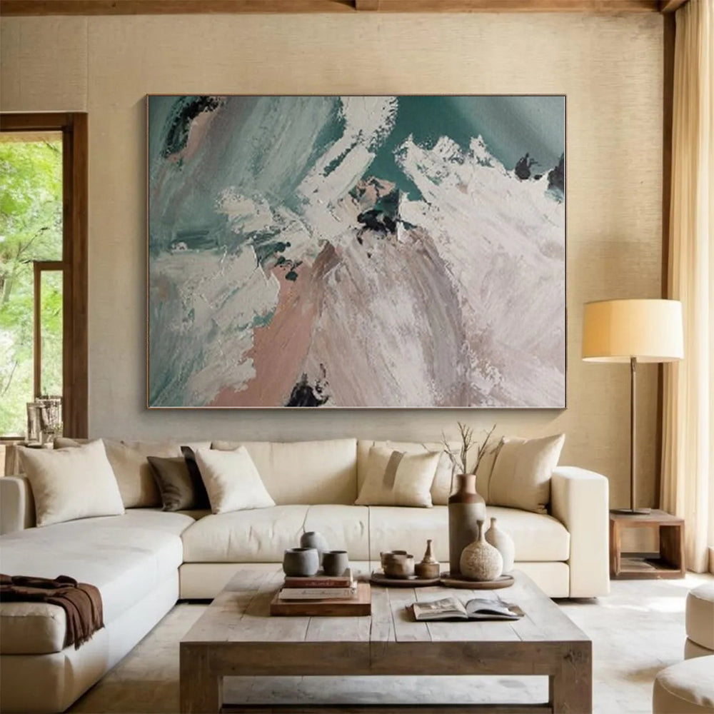 “Turquoise - White Abstract Waves” - Turquoise, White Abstract Seaside Painting On Canvas PS0554