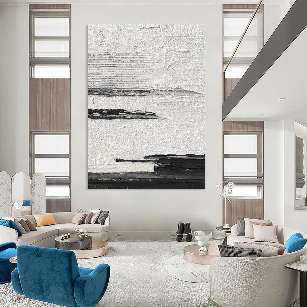 “Textured Black and White Horizons” - Layered Minimalist Painting On Canvas DS369