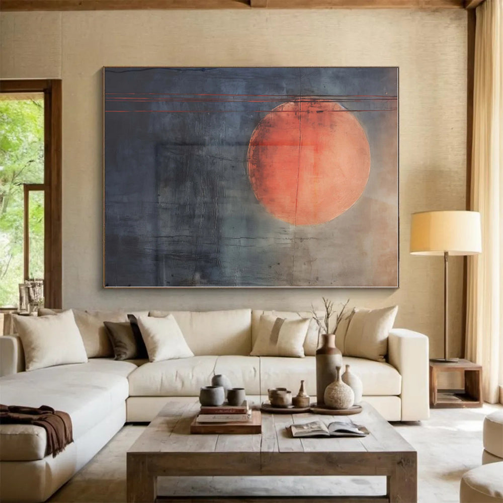 “Red - Gray Abstract Sun” - Red, Gray Abstract Painting On Canvas PS0452