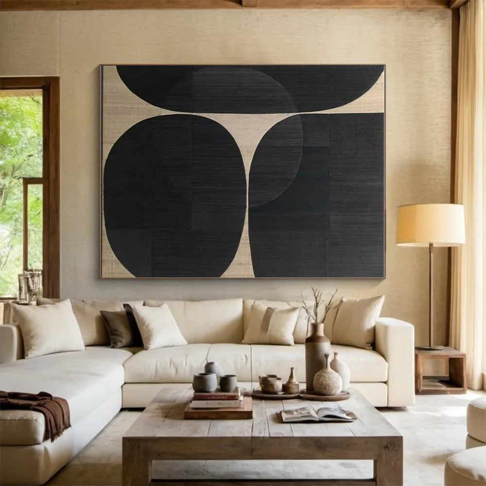 “Black - Beige Circular Composition” - Black, Beige Abstract Geometric Painting PS0595