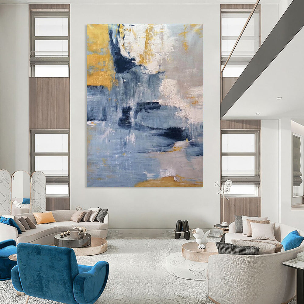 “Blue, Gray & Gold Abstract” - Subtle Metallic Accents in a Cool Palette Painting On Canvas DS253