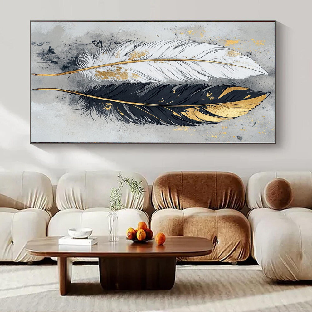 Black, White, Gold with Feathers "Gilded Feathers" Decorative Painting On Canvas PS1262
