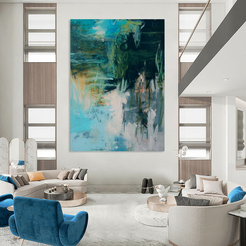 “Teal and Green Abstract” - Expressionist Abstract Painting On Canvas PT2286
