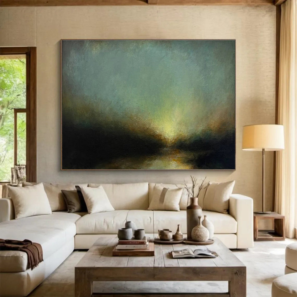 “Moody Greenish Glow” - Green, Yellow & Black Landscape, Impressionistic Oil Painting On Canvas DKS777