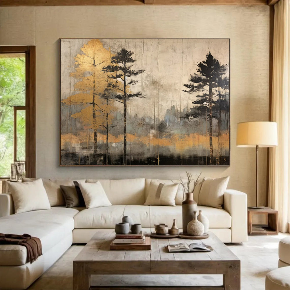 “Golden Trees in Gray Landscape” - Contemporary Landscape Painting On Canvas PT106