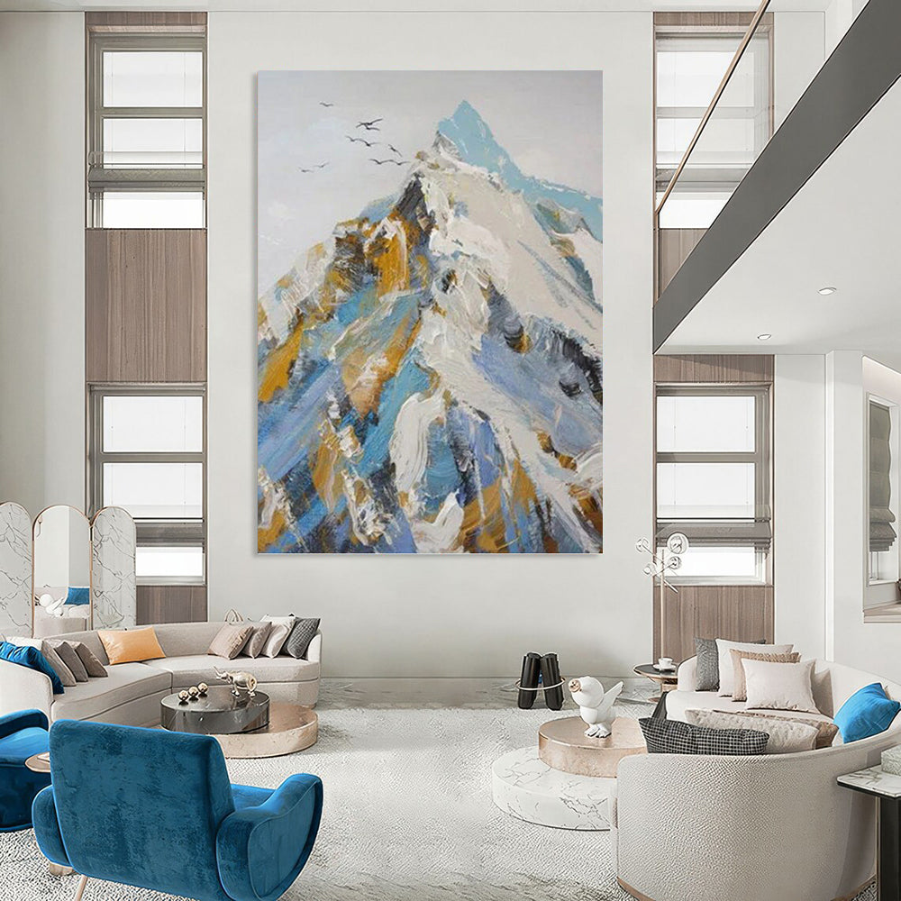 “Snowy Mountain: Blue, White, and Gold Abstract” - Bold Landscape Art On Canvas PT0955
