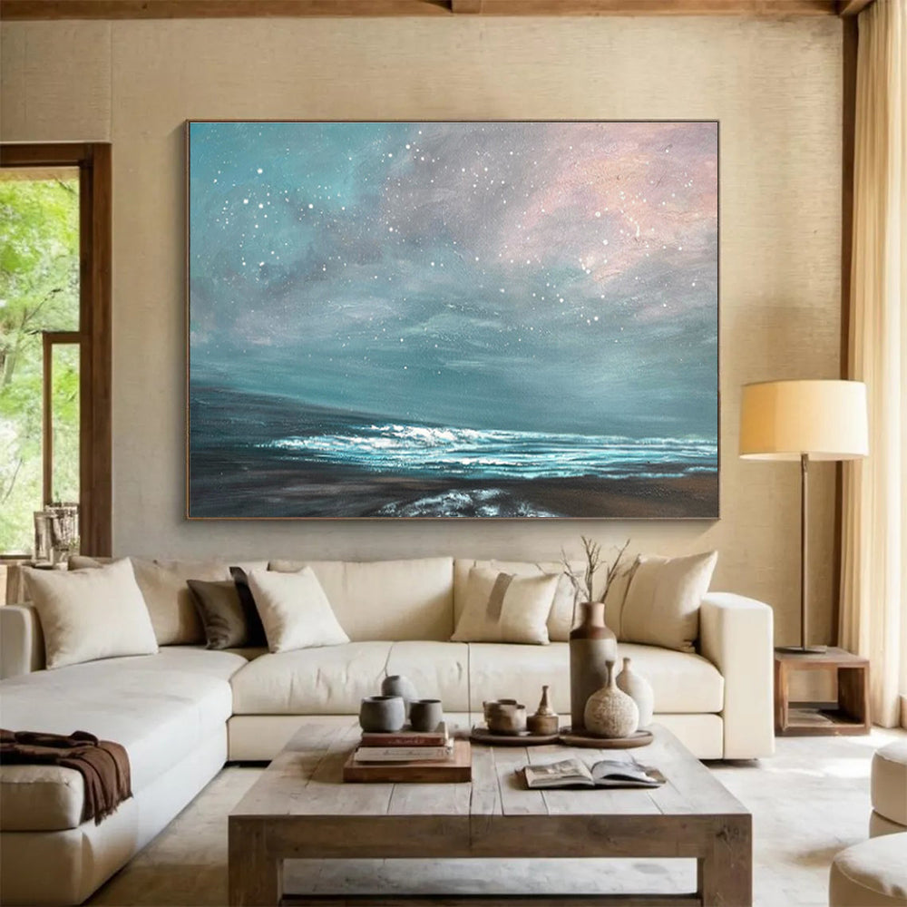 Star - Filled Sky Over Turquoise Sea Seascape Painting On Canvas DKS106