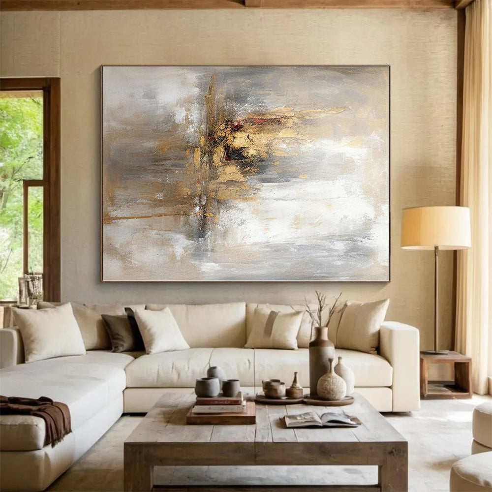 “Gold - Beige Reflective Abstract” - Gold, Beige, Gray Abstract Impressionist Painting On Canvas PS0570