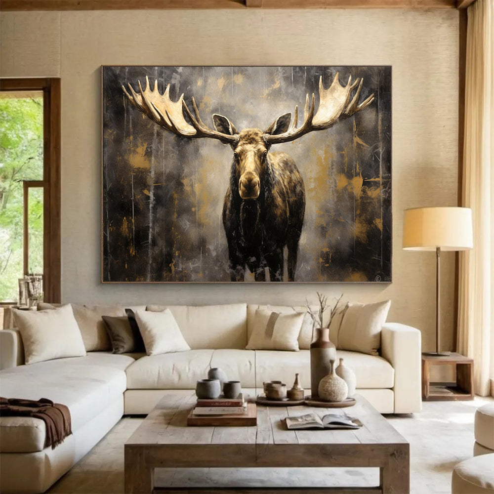 “Gold and Brown Moose in Mist” - Dramatic Wildlife Painting On Canvas PT079