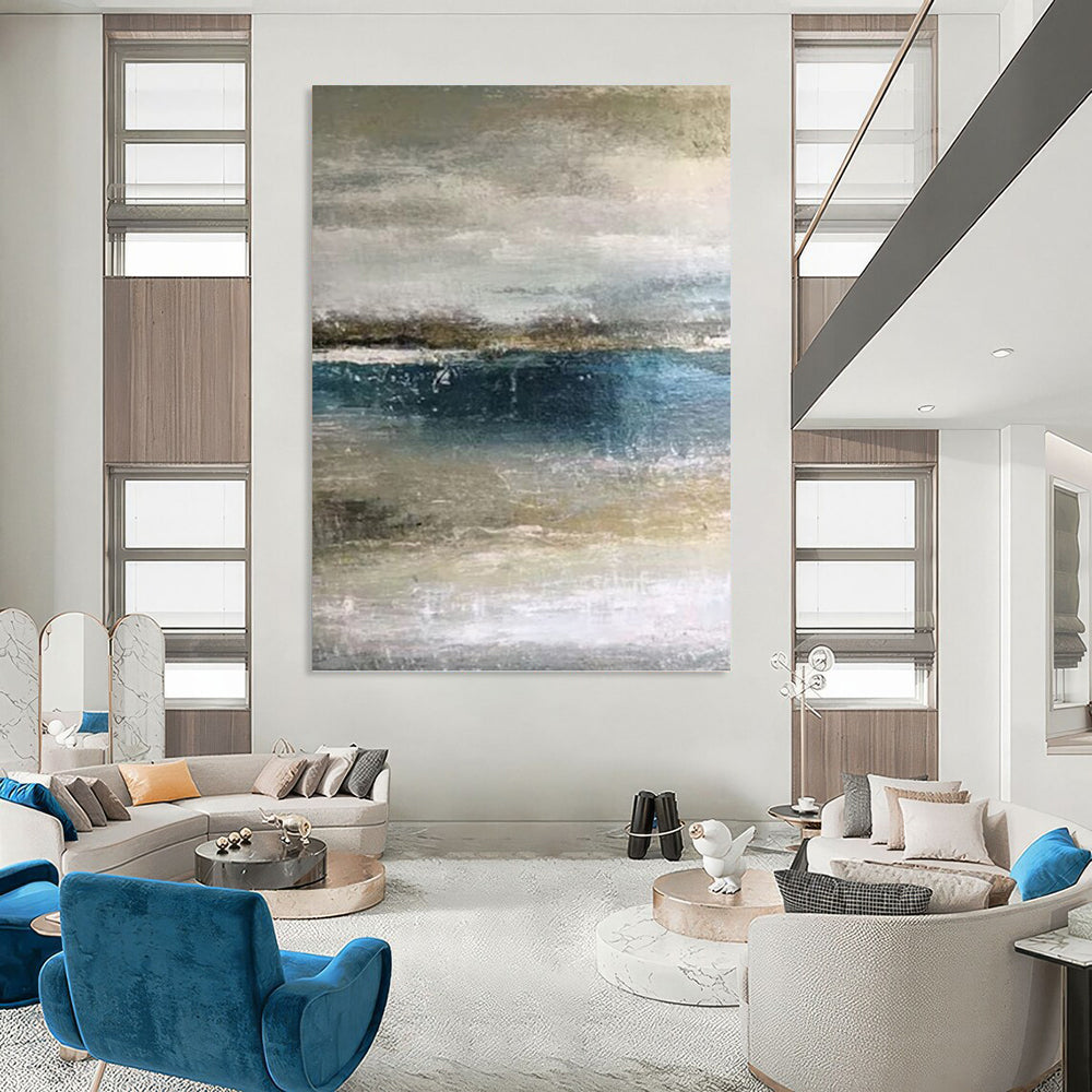 “Muted Tones Seascape: Grey, Blue, and Beige” - Abstract Coastal Painting On Canvas PT0945