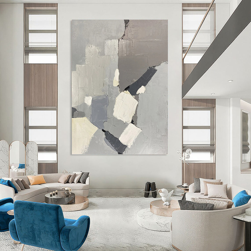 “Gray - Toned Abstract Blocks” - Minimalist, Geometric - Shaped Painting On Canvas PT1586