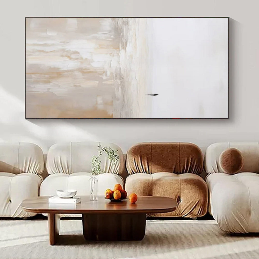 Beige, White with Solitary Figure "Lonely Stroll" Abstract Painting On Canvas PS1312