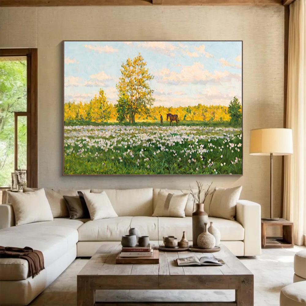 “Sunny Meadow with Horse” - Realistic Landscape Painting On Canvas PT216