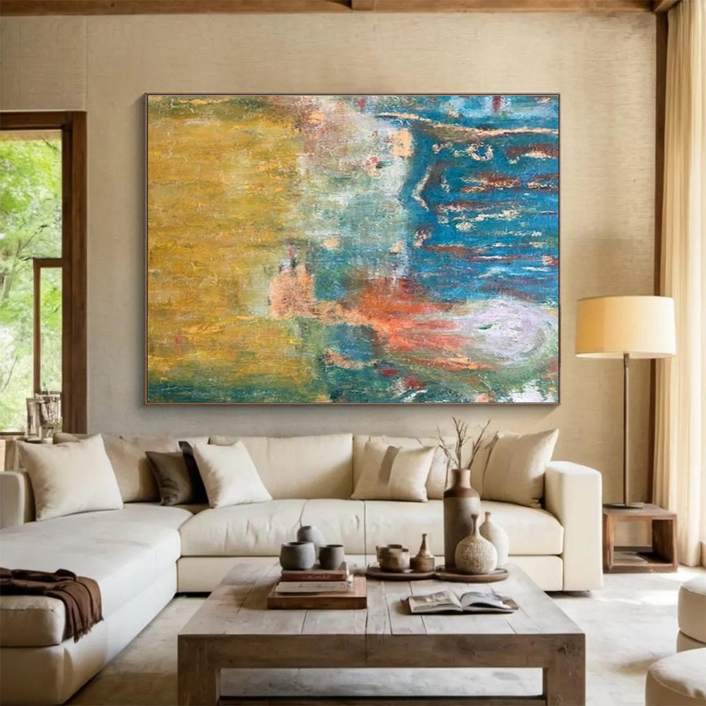 “Color Fusion Landscape” - Yellow, Blue & Green Abstract, Textured Oil Painting On Canvas DKS721