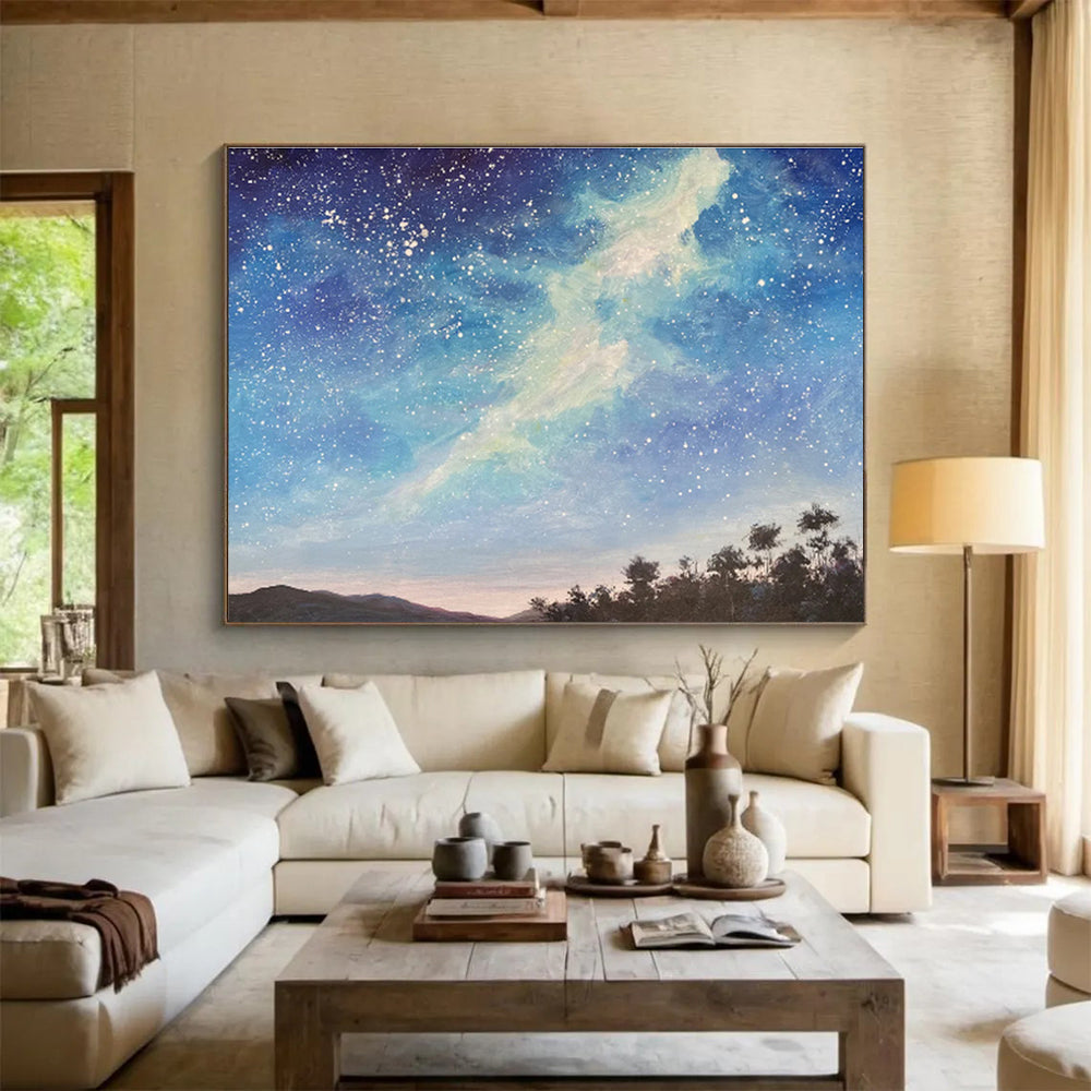 Starry Night Sky Over Silhouetted Land Celestial Landscape Painting On Canvas DKS114