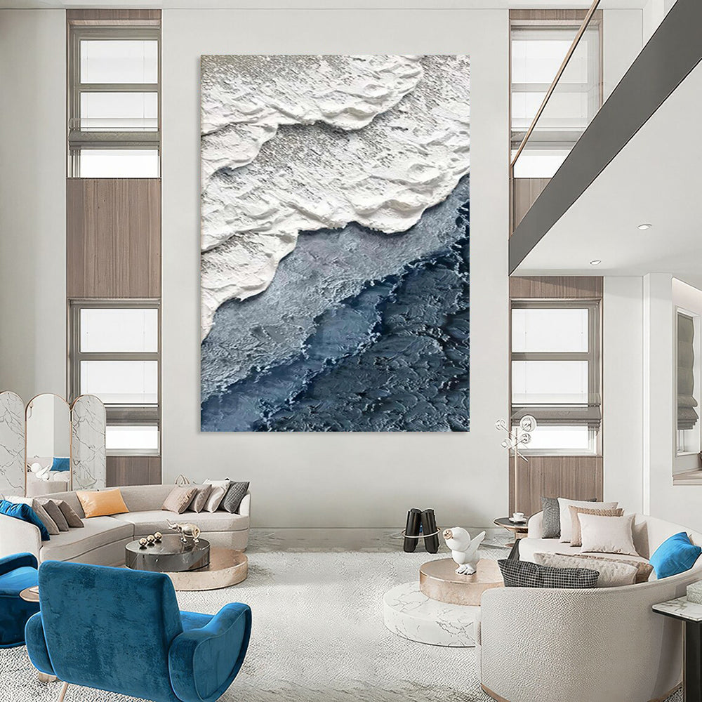 “White and Blue Textured Wave Layers” - Minimalist Ocean Layers Painting On Canvas DS325