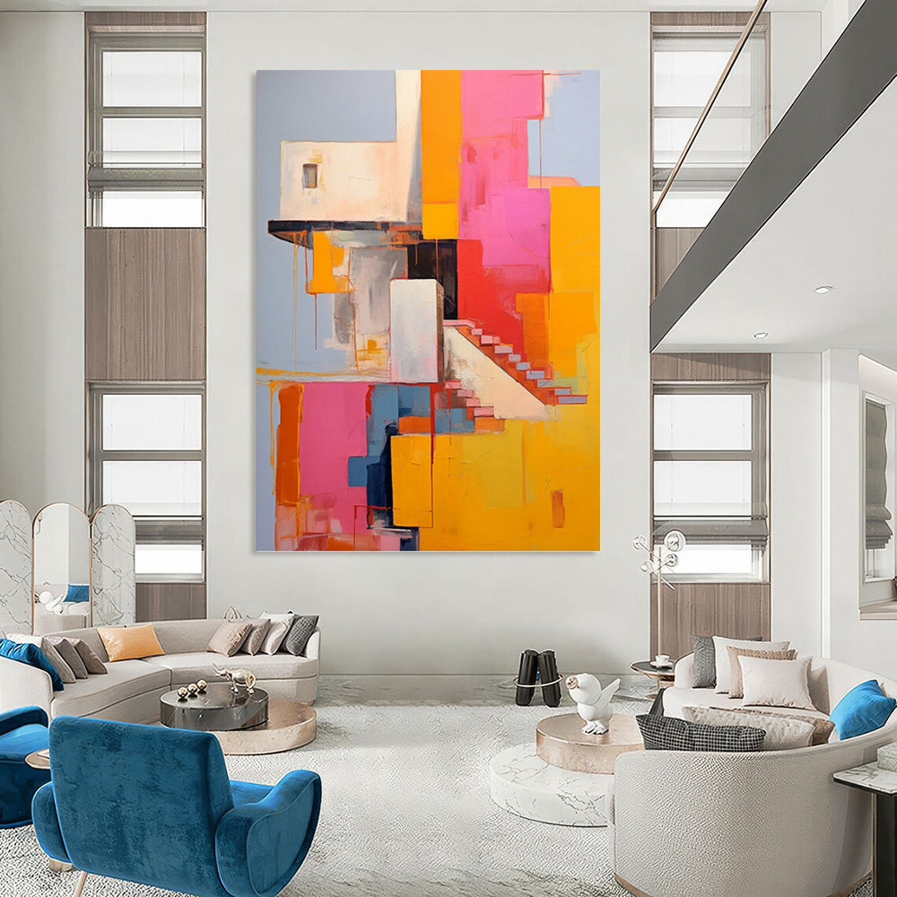 “Colorful Architectural Abstract” - Cubist - Inspired Painting On Canvas PT1323