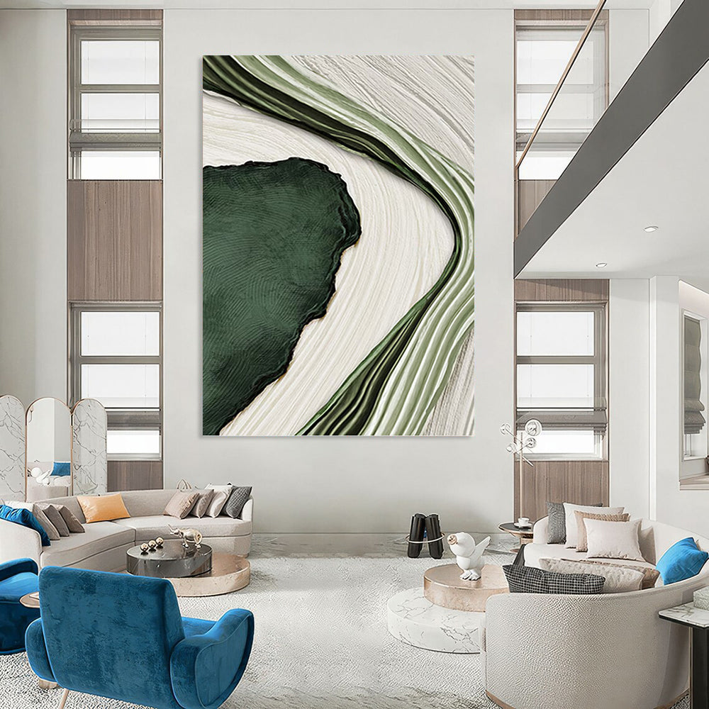 “Green & White Wave Abstraction” - Fluid, Nature - Inspired Painting On Canvas PT1473