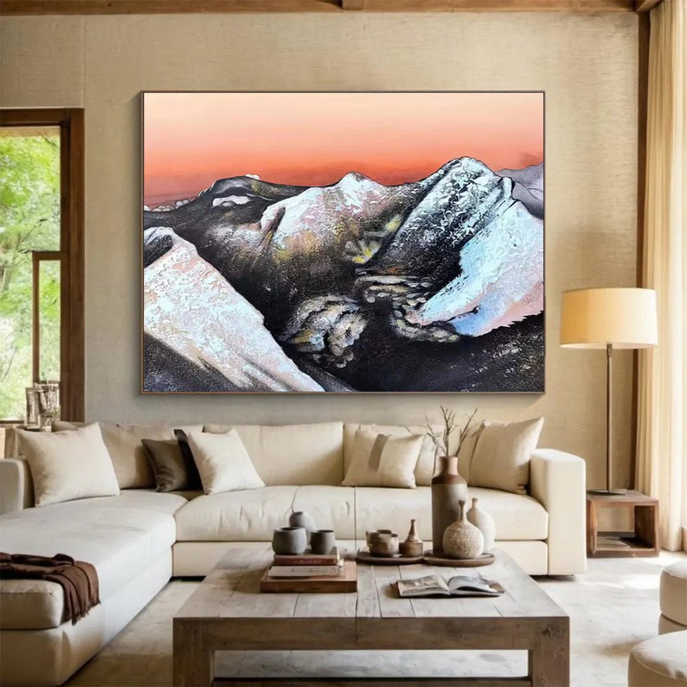 Snow - Capped Mountains & Orange Sky: Abstract Landscape Painting for Mountain - Themed Lounge & Art Gallery DKS651