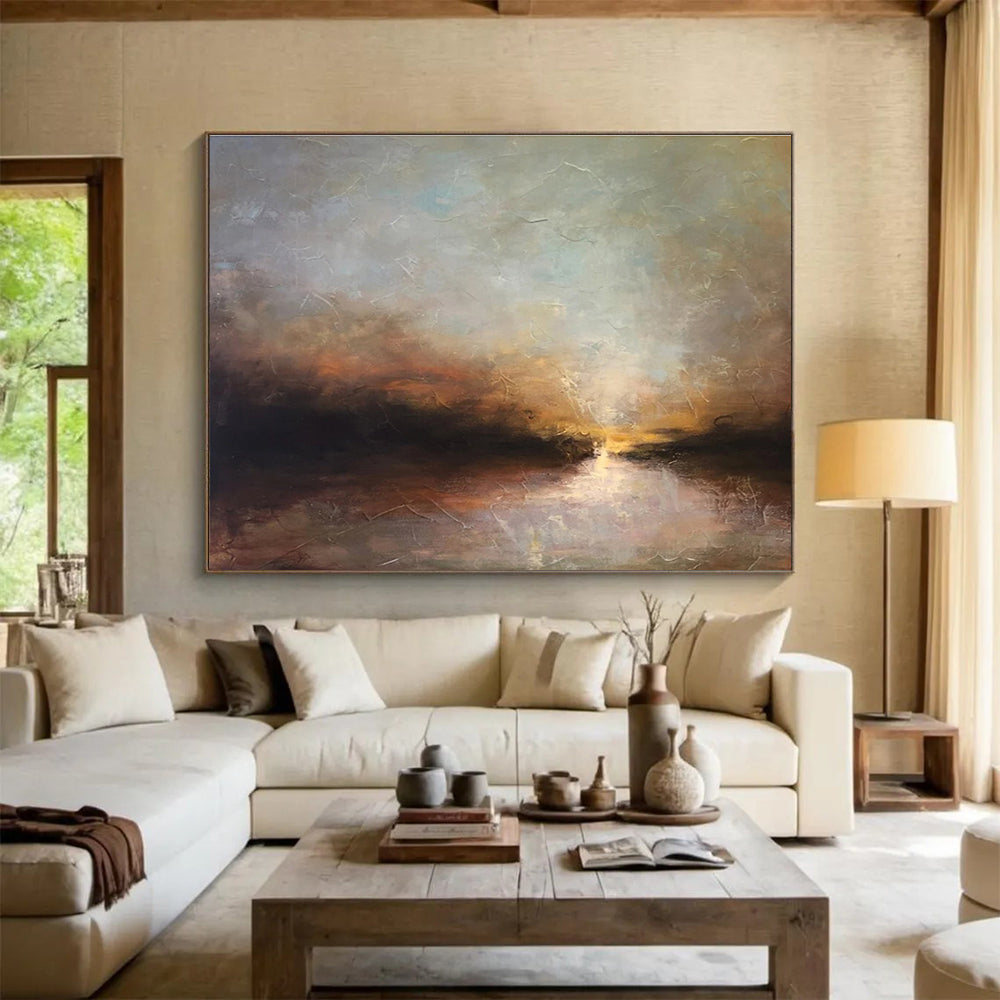 “Sunset River Glow” - Orange, Blue & Gold Landscape, Impressionistic Oil Painting On Canvas DKS774