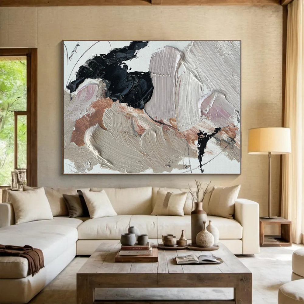 “Beige - Black - Pink Gentle Abstraction” - Beige, Black, Pink, White Abstract Painting On Canvas PS0512