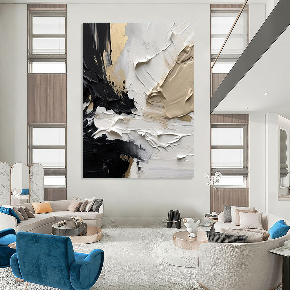 “Black, White & Gold Textured Abstract” - Luxe Abstract Painting On Canvas DS301