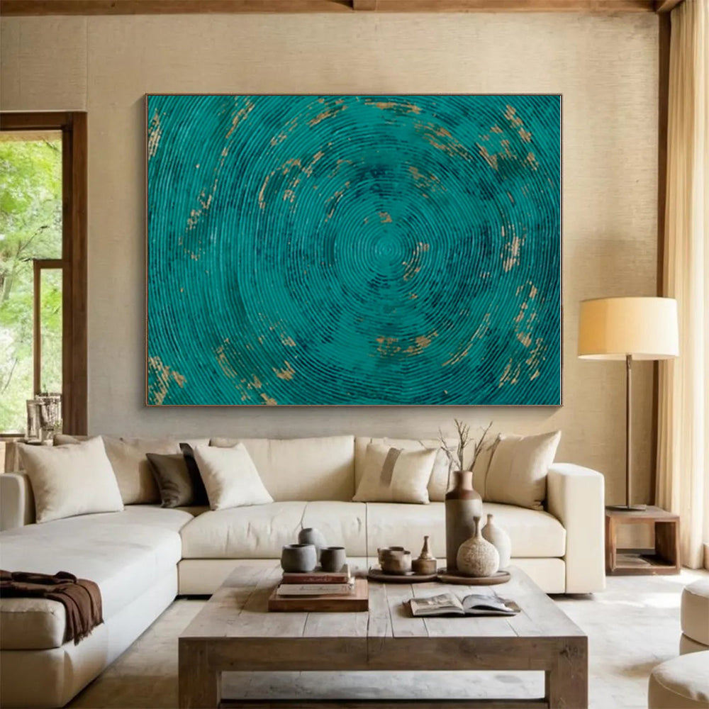Teal and Gold Circles, "Oceanic Rhythm" – Abstract Geometric Painting On Canvas PS0902