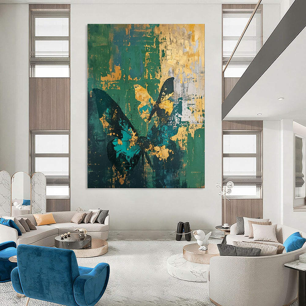 “Teal, Green, and Gold Butterfly Grunge” - Abstract Insect Painting On Canvas PT1883