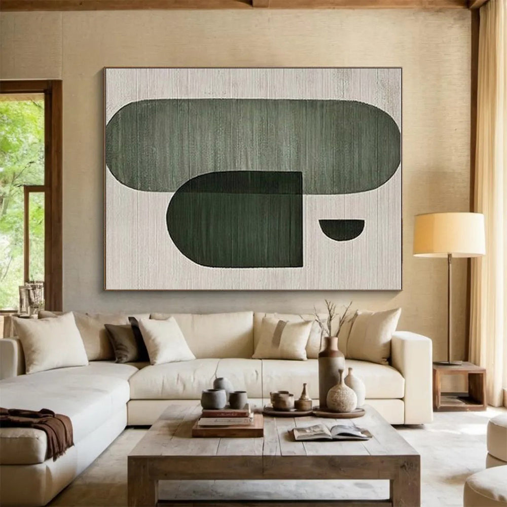 “Green - Gray Geometric Forms” - Green, Gray Abstract Geometric Painting On Canvas PS0675