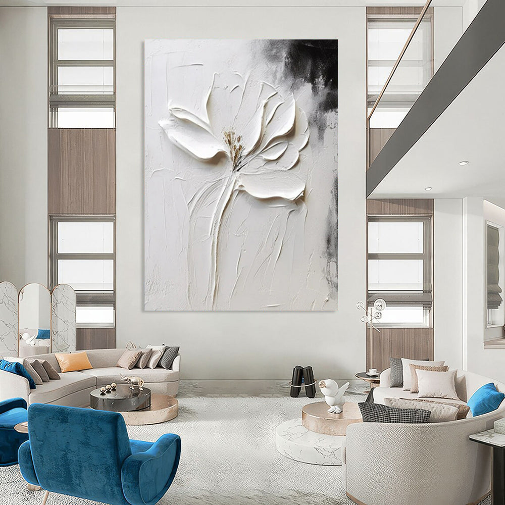 “White Flower in Relief” - Impasto Abstract Painting On Canvas PT2217