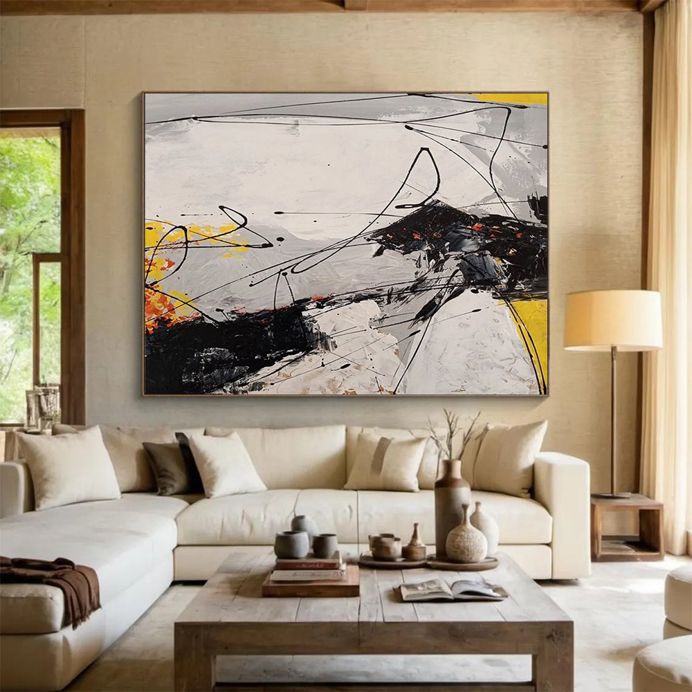 “Dynamic Abstract in Blacks, Whites, Yellows & Oranges” - Energetic Modern Painting On Canvas PT030