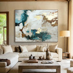 “Gold - Accented Abstract with Teal and Neutrals” - Modern Abstract Painting On Canvas PS0258