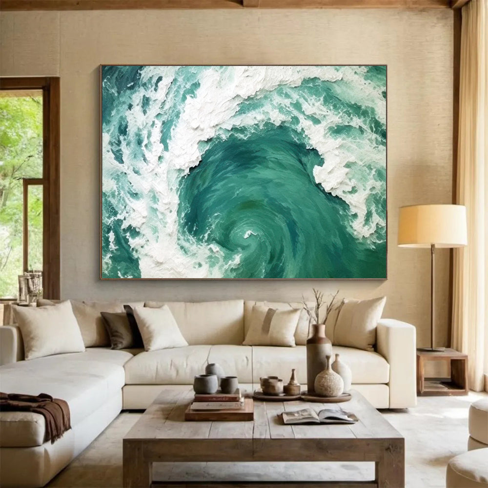“Turquoise and White Ocean Swirl” - Impasto Marine Painting On Canvas PT064