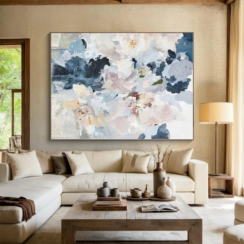 “Soft - Toned Floral Bouquet” - Blue, White, Pink Abstract Floral Painting On Canvas PS0585