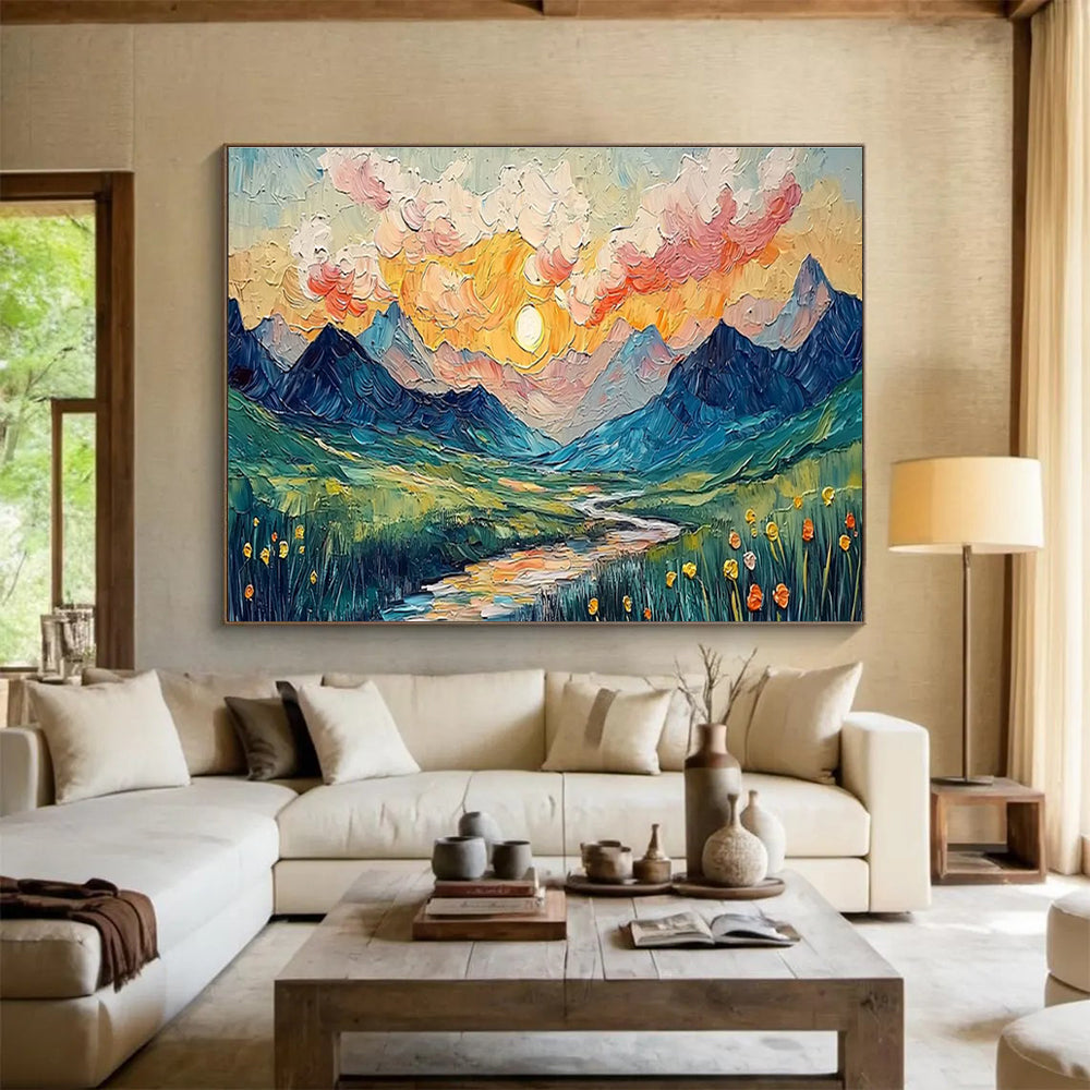 “Impasto Mountain Sunset” - Impasto Oil Painting On Canvas DKS856