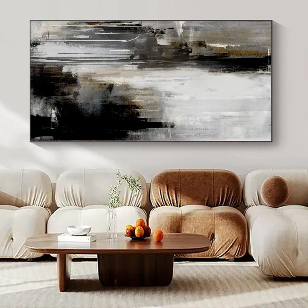 Gray, Black, White and Gold with Dripping Effects "Urban Drizzle" Abstract Painting On Canvas PS1130
