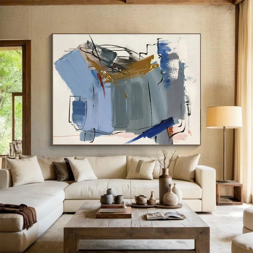 Blue, Gray, Gold, Red Dynamic Shapes “Urban Symphony” - Painting On Canvas PS0804