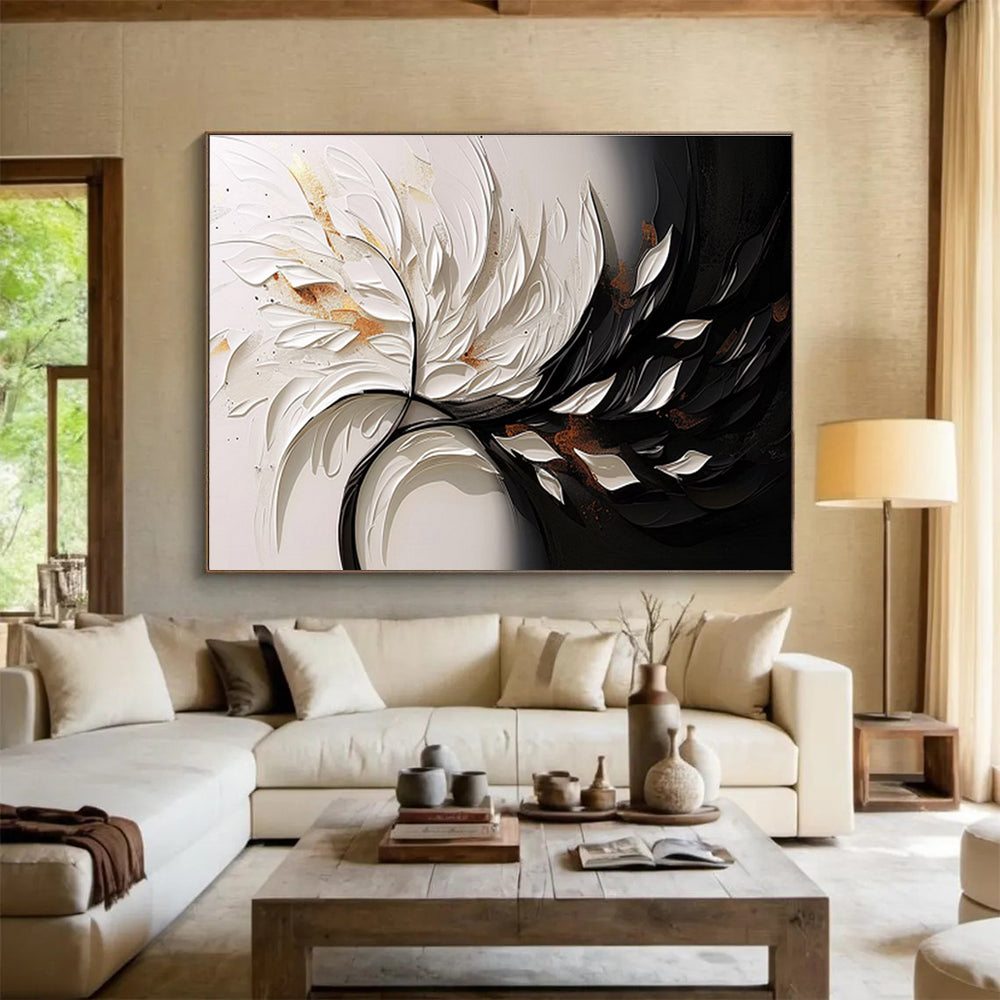 “3D Floral Contrast” - White, Black & Gold Floral, Textured Mixed - Media Painting On Canvas DKS746