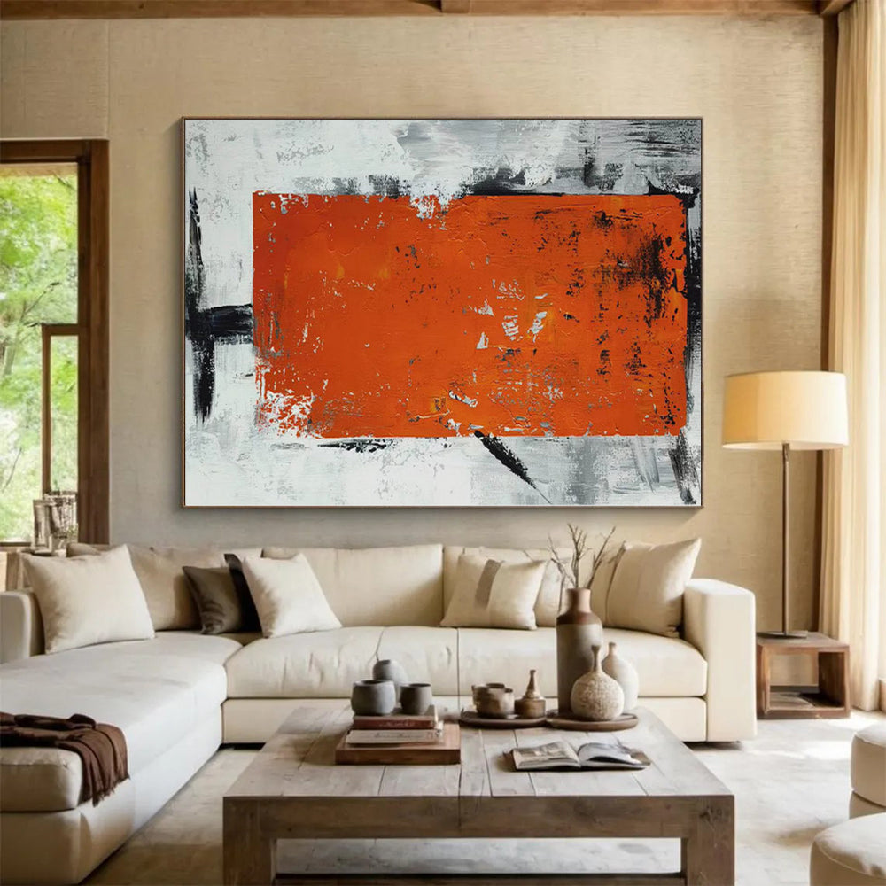 “Textured Orange - Grey Abstract Rectangle” - Industrial Abstract Painting On Canvas PS0316