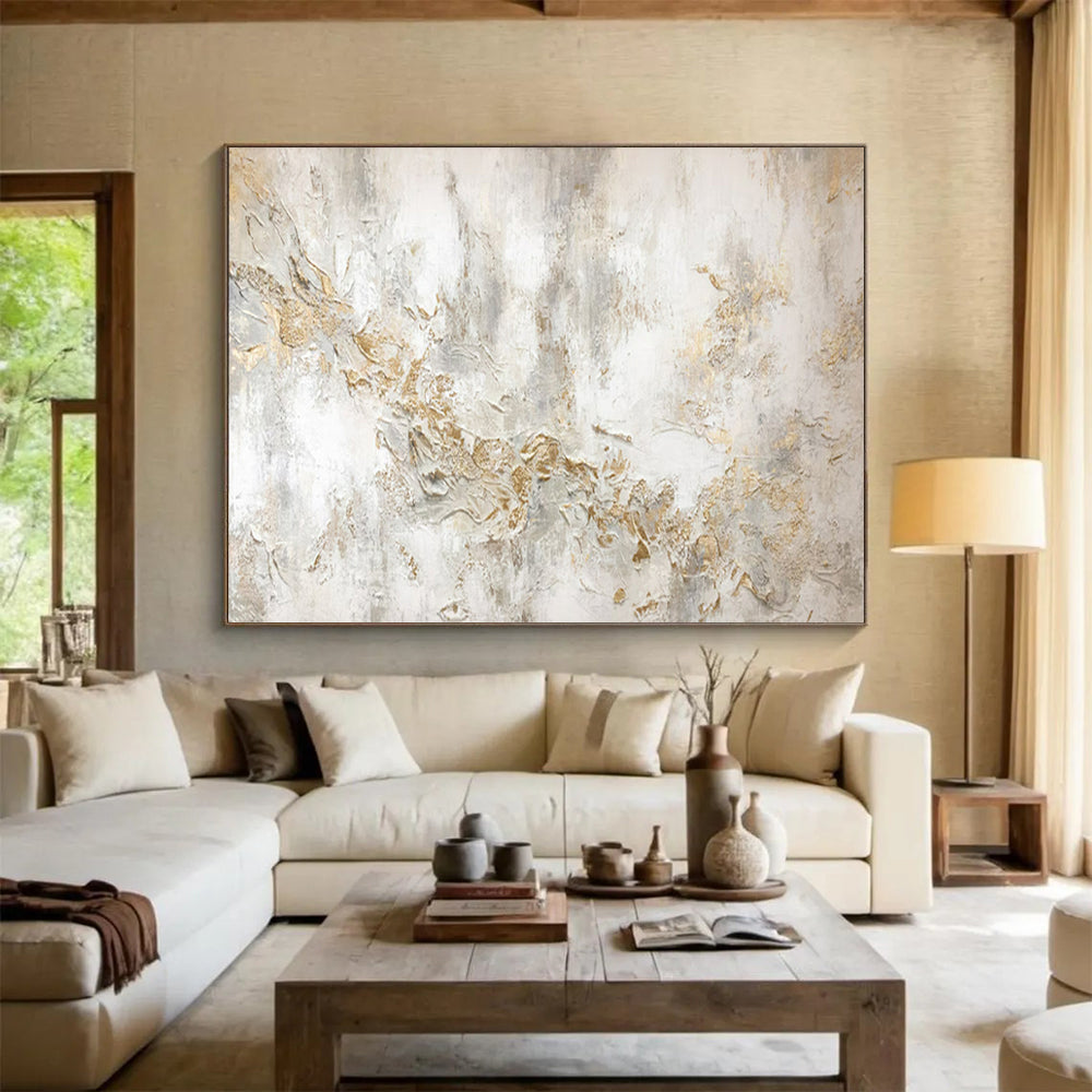 “White and Gold Textured Abstract” - Impasto Abstract - Painting On Canvas PT1772