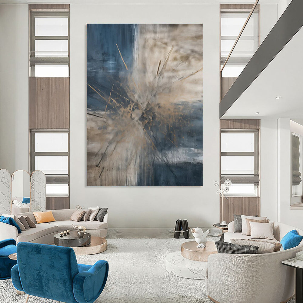 Blue - Gray - Gold Abstract Burst Painting On Canvas DS119
