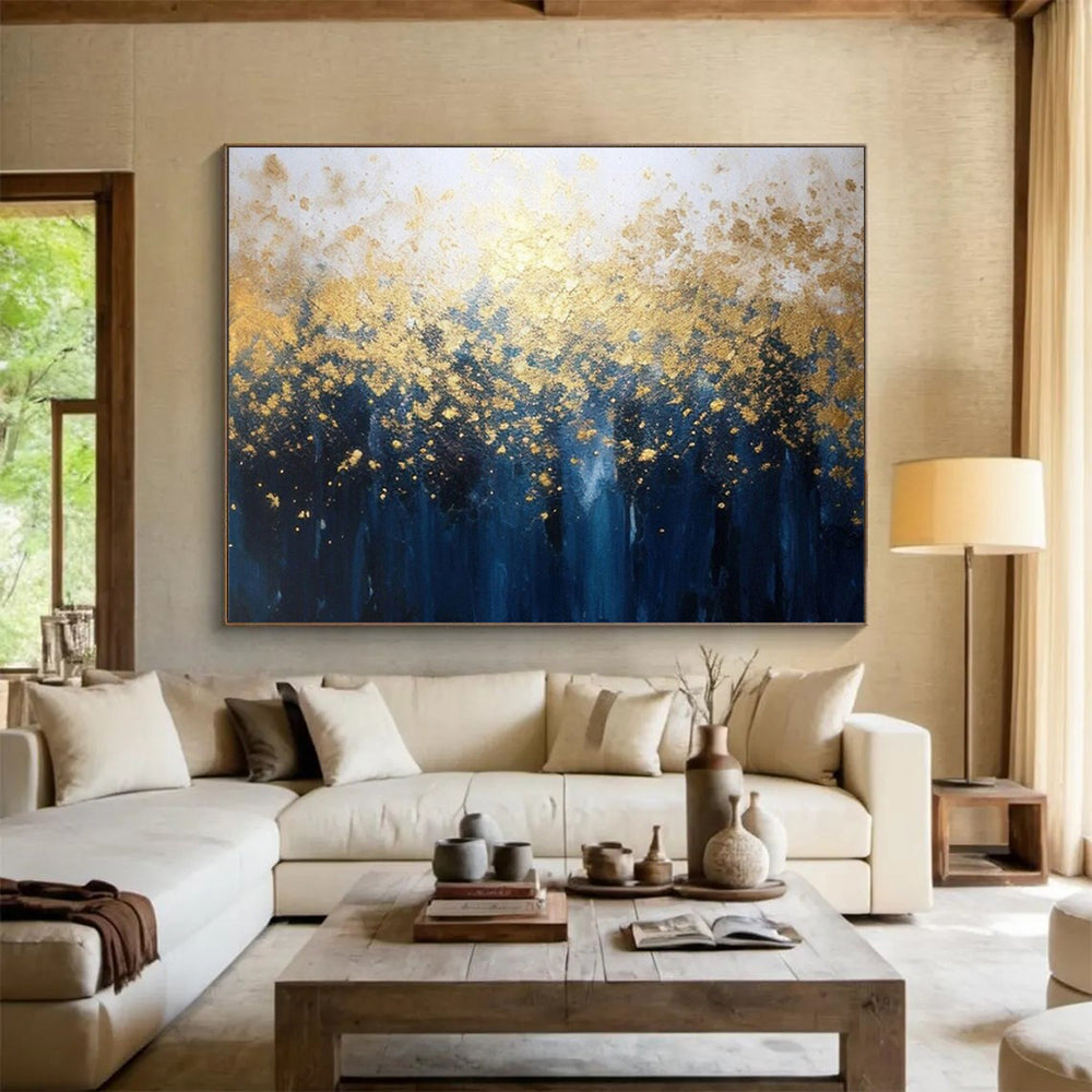 “Gold - Blue Abstract Forest” - Shimmering Gold “Midnight Grove” Painting On Canvas PT1639