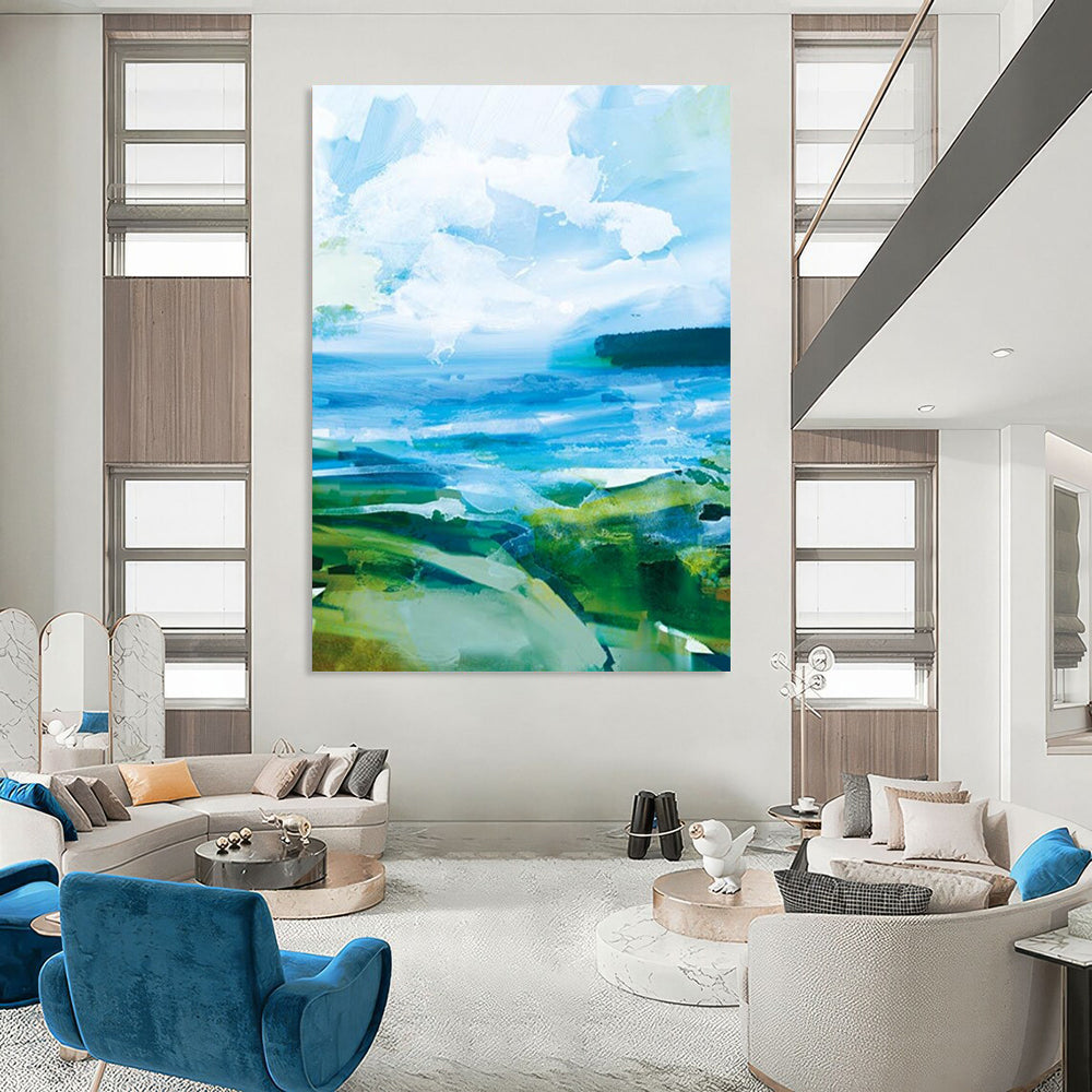 “Vibrant Coastal Abstraction” - Bold Blues & Greens Seascapes Painting On Canvas DS183