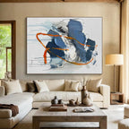 “Blue - Orange Expressive Drips” - Blue, Orange, Gray, White Abstract Painting On Canvas PS0507