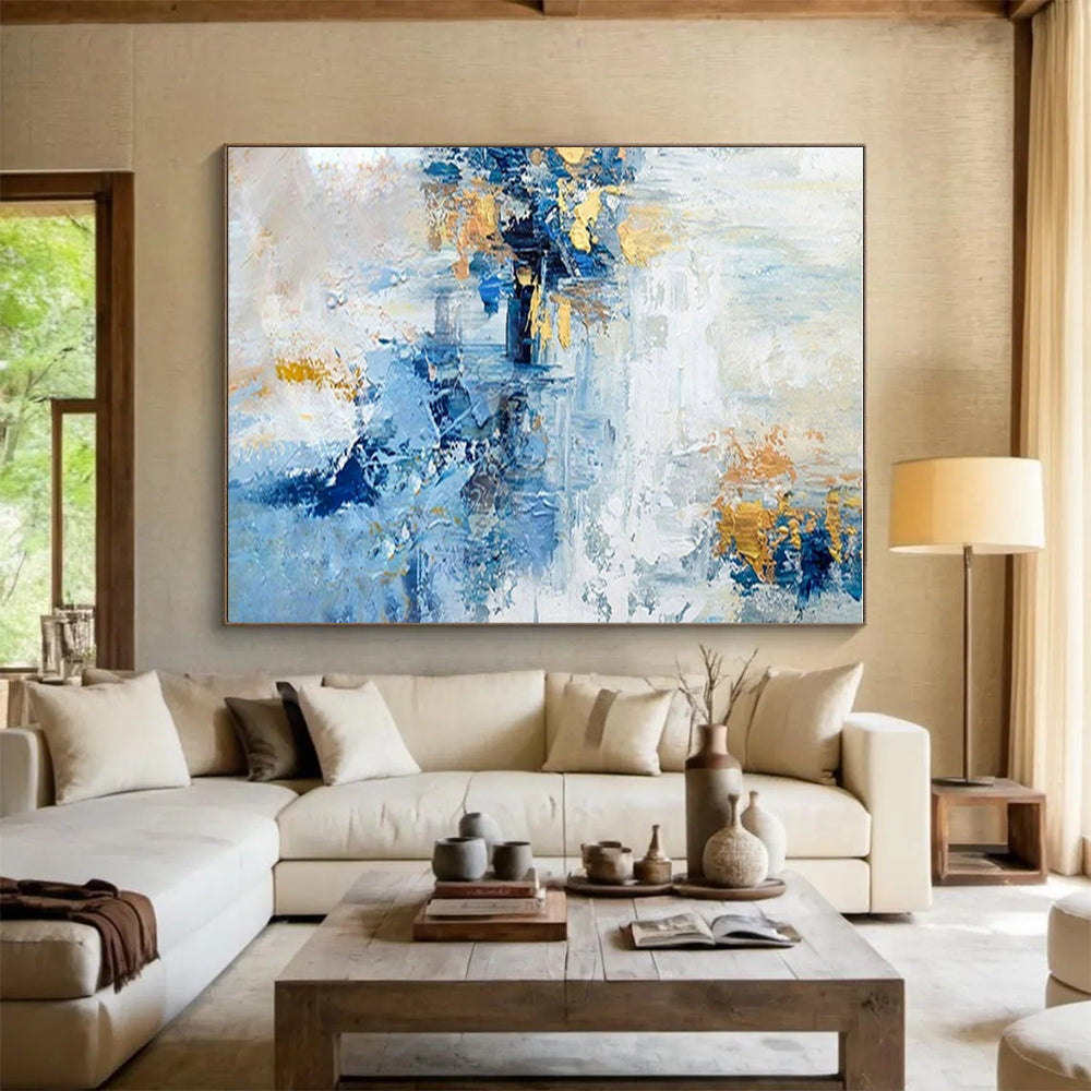 “Blue - Gold Abstract Fusion” - Blue, White, Gold Abstract Expressive Painting On Canvas PS0643