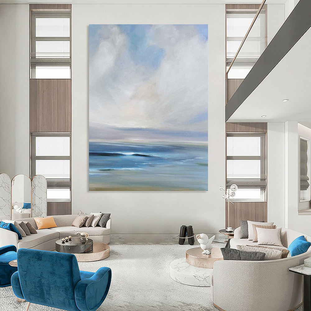 “Calm Sea and Sky: Blue - White Impressionistic Landscape” - Serene Coastal Painting On Canvas PT0957
