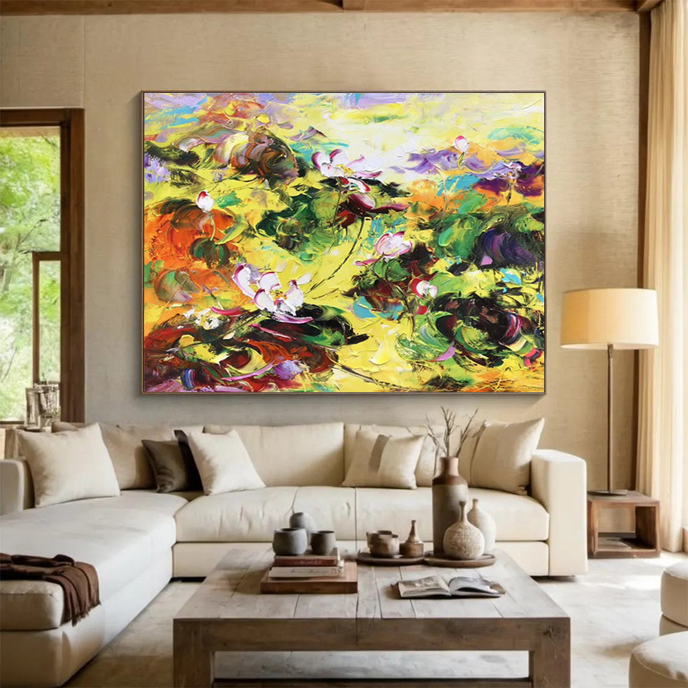 “Vibrant Lotus Flower Field” - Expressive Flower Painting, Perfect for Garden Room & Bohemian Living Room DKS635